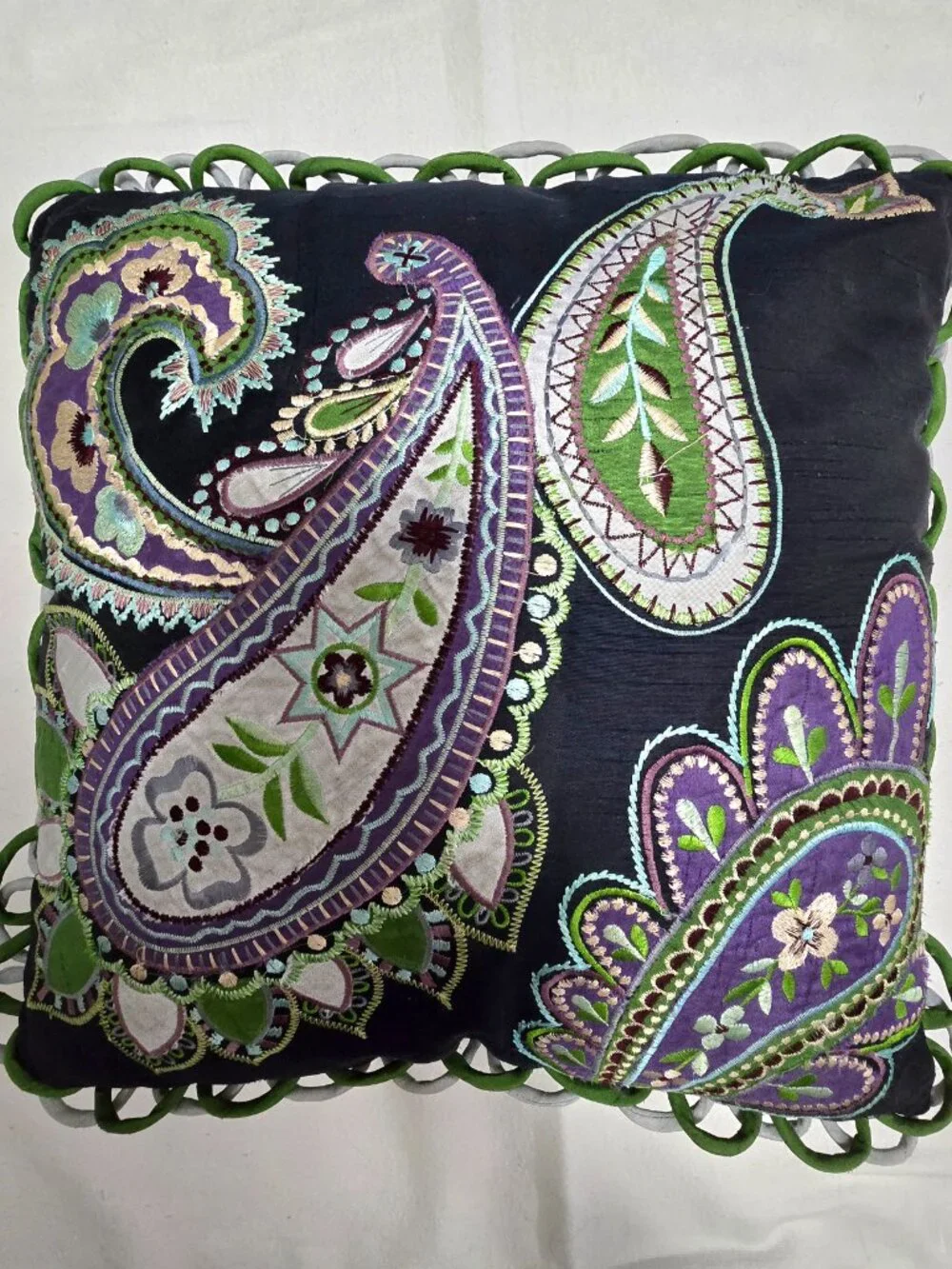 Pier 1 Decorative Paisley Print Throw Pillow Blue Green Purple Zipper EUC.